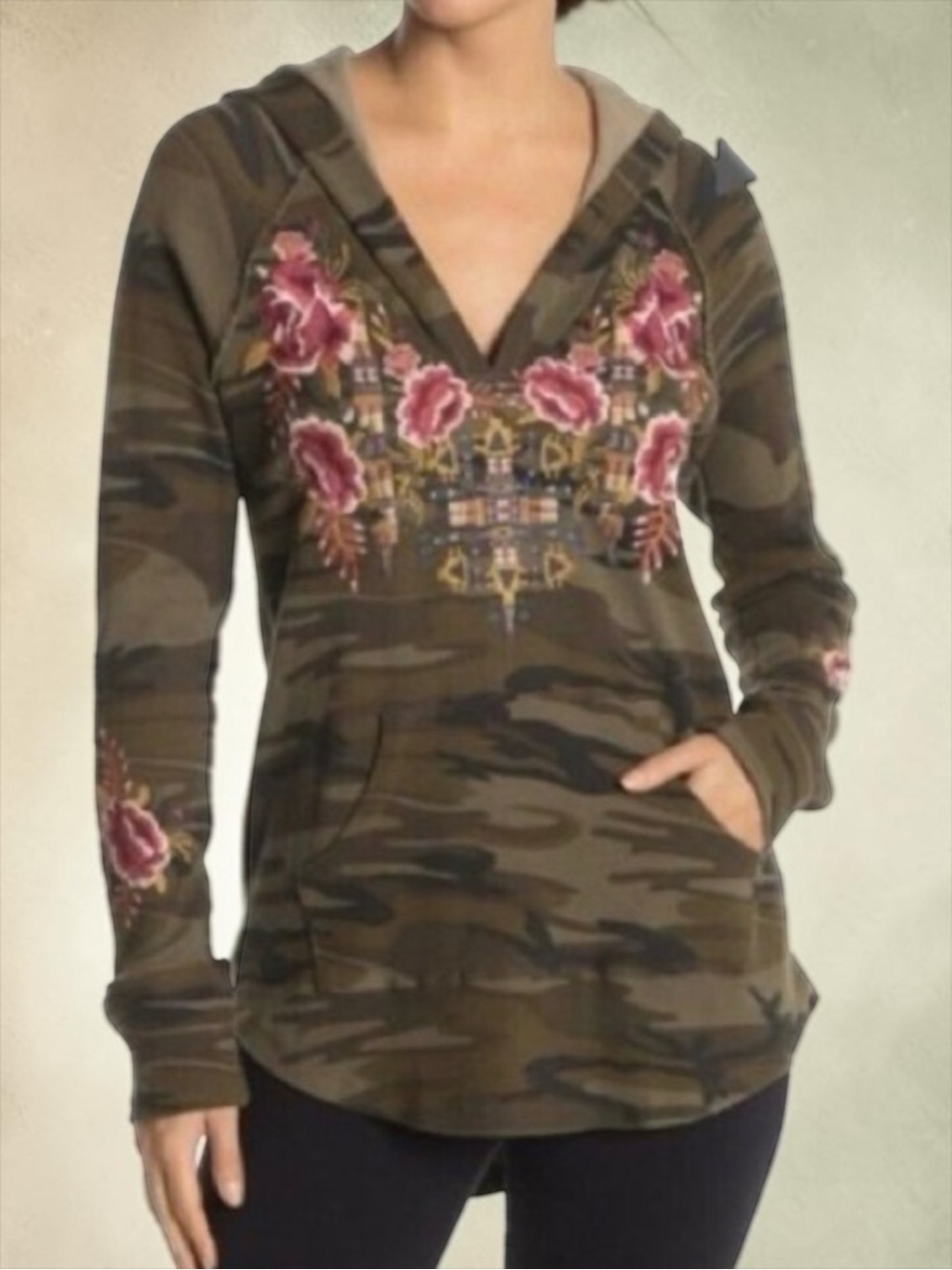Johnny Was Axton Thermal Hoodie Camo Floral Embroidery XS Mint Condition Boho